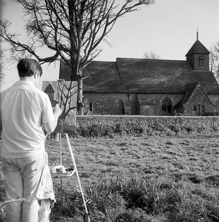 michael wishart painting Binsted Church in 1950s